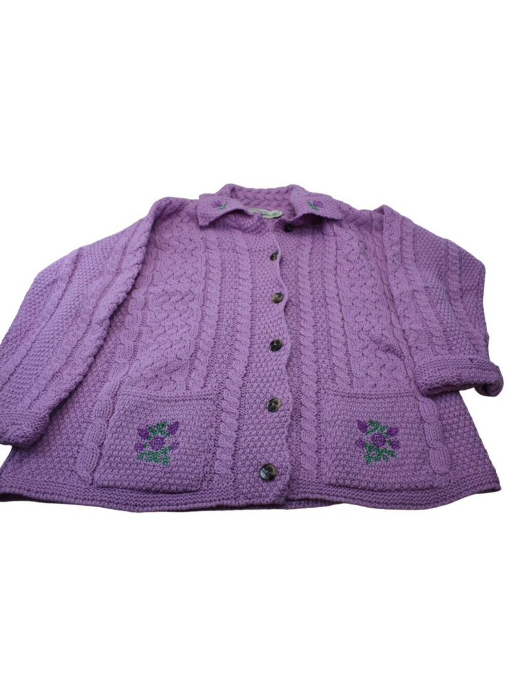 VTG Aran Crafts Ireland Merino Wool Embroidered Floral Cardigan Sweater L FLAW